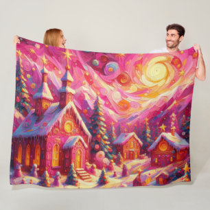 Village Hot Pink House Christmas Motifs Holiday Fleece Blanket