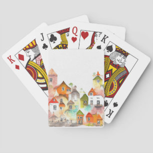Village House Landscape Scenery Nature Watercolor Playing Cards