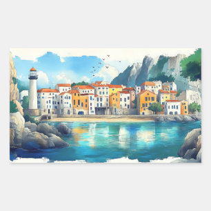 Village Houses Illustration Pastel Colour Drawing Rectangular Sticker