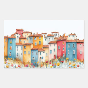 Village Houses Illustration Pastel Colour Drawing Rectangular Sticker
