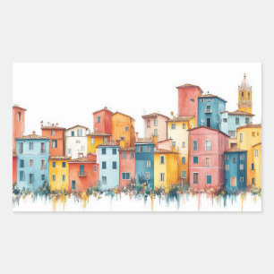 Village Houses Illustration Pastel Colour Drawing Rectangular Sticker