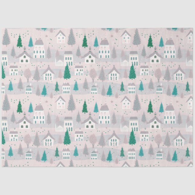 Village Houses Trees Birds Christmas Tissue Paper (Front)