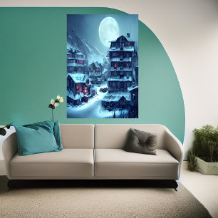 Village in the snow mountain at night   AI Art  Poster