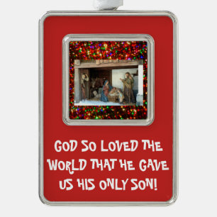 Village Nativity Coloured Stars Big Limbo Font Silver Plated Framed Ornament