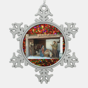 Village Nativity Under Canopy Multi-coloured Stars Snowflake Pewter Christmas Ornament