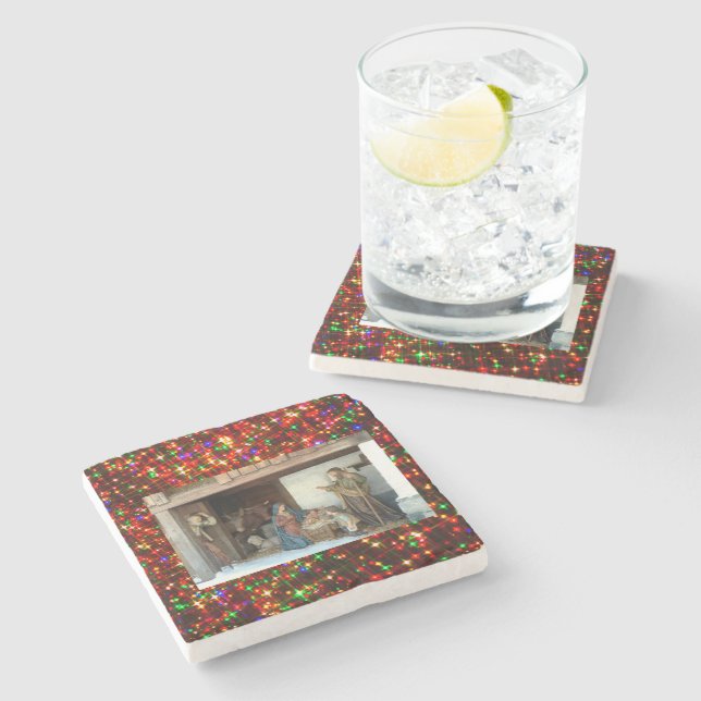 Village Nativity Under Canopy Multi-coloured Stars Stone Coaster (Side)