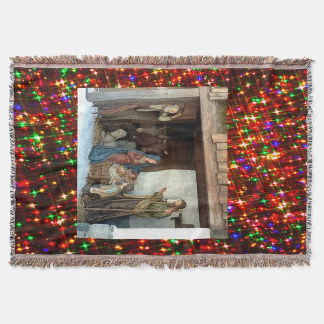 Village Nativity Under Canopy Multi-coloured Stars Throw Blanket (Front)