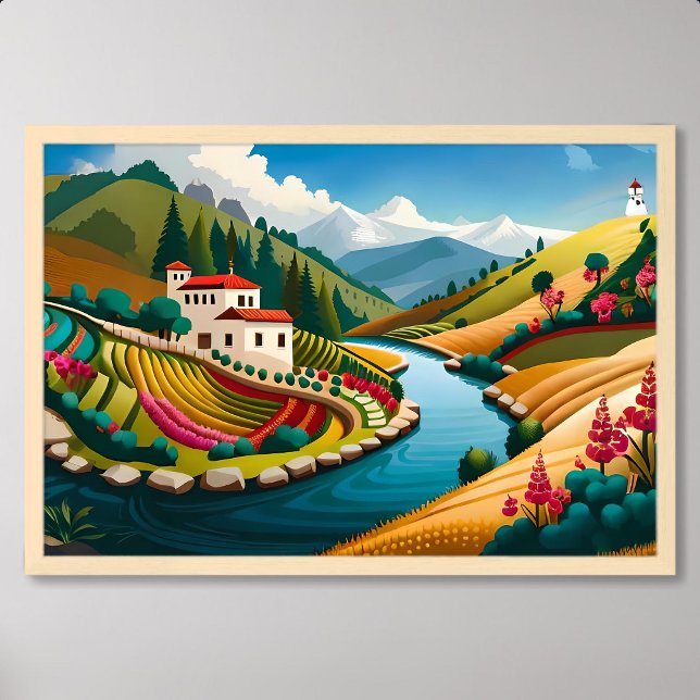 Village Painting with Rocky River and Lush Fields Poster (Village Painting with Rocky River and Lush Fields)