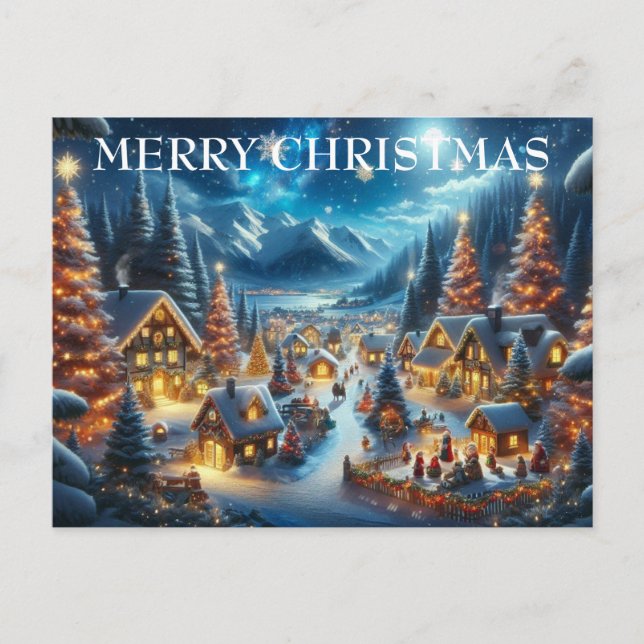 Village Snowy Scene Painting Christmas Holiday Postcard (Front)