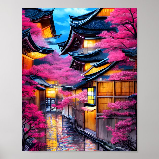 Village Surrounded by Cherry Blossoms Poster (Front)