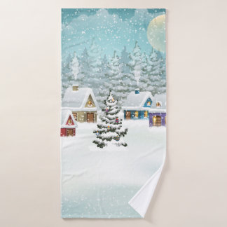 Village winter landscape with snow covered houses bath towel