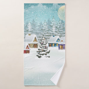 Village winter landscape with snow covered houses  bath towel