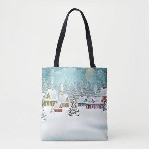 Village winter landscape with snow covered houses tote bag