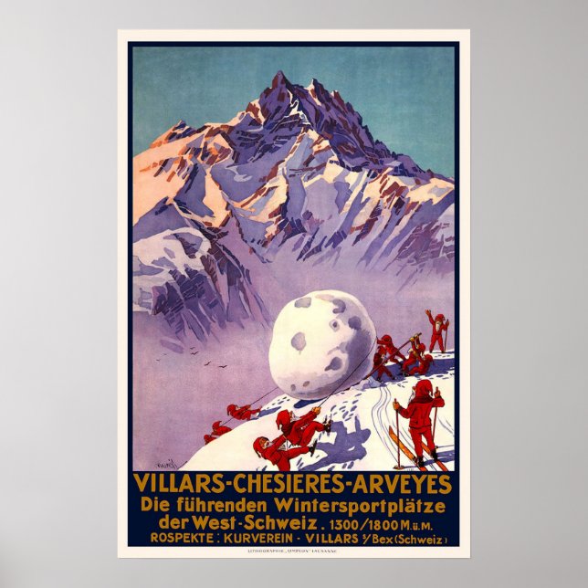 Villars Switzerland Winter Sports Vintage Travel Poster (Front)