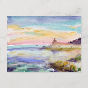 Villefranche Lighthouse Sunset Watercolor Postcard