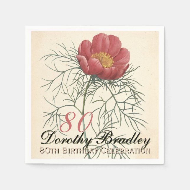 Vinatge Botanical Peony 80th Birthday Party PPN Napkin (Front)