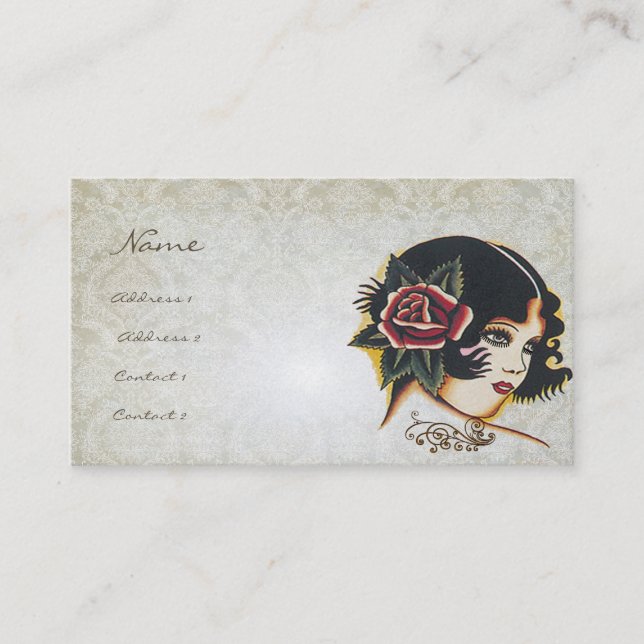 Vinatge Girl Damask Rose Boutique Fashion Business Card (Front)