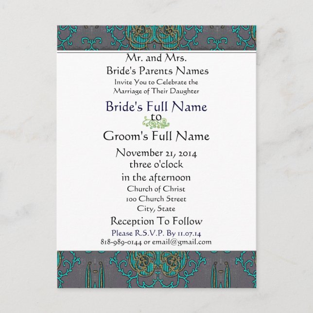 Vinatge Turquoise Teal Blue Wedding Invitation Postcard (Front)