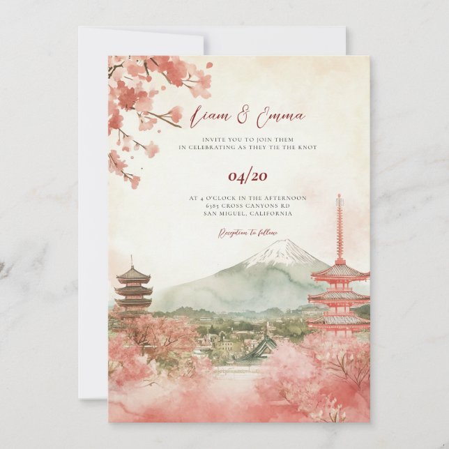 Vinatge Watercolor Japanese Landscape Wedding Invitation (Front)