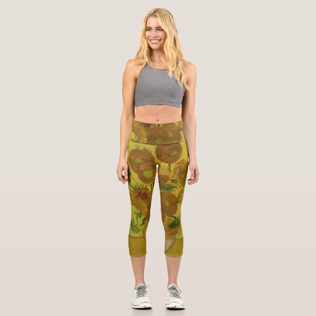 Vincent Van Gogh 15 Sunflowers Painting Capri Leggings (Front)