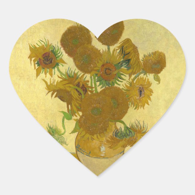 Vincent Van Gogh 15 Sunflowers Painting Heart Sticker (Front)