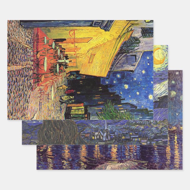 Vincent van Gogh 3 different Starry Night Scenes Wrapping Paper Sheet (Set)