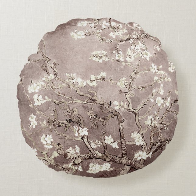 Vincent Van Gogh Almond Blossoms Beige Taupe Round Cushion (Front)