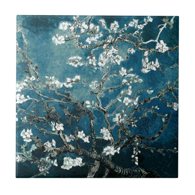 Vincent Van Gogh Almond Blossoms Dark Teal Ceramic Tile (Front)