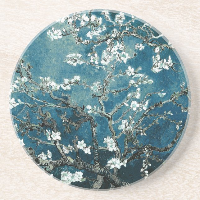 Vincent Van Gogh Almond Blossoms Dark Teal Coaster (Front)