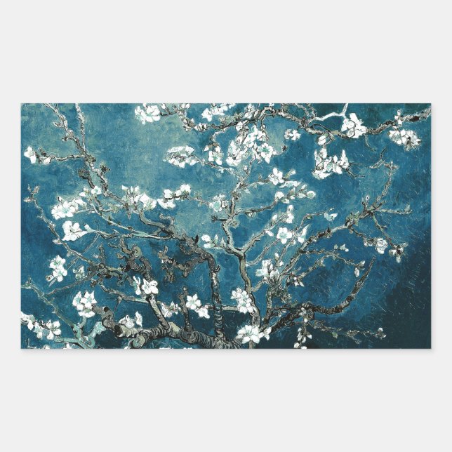 Vincent Van Gogh Almond Blossoms Dark Teal Rectangular Sticker (Front)
