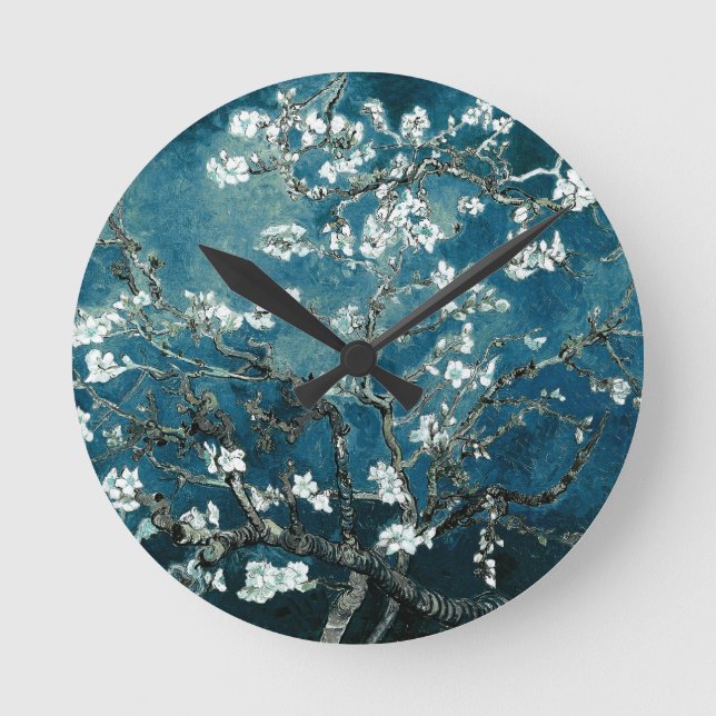 Vincent Van Gogh Almond Blossoms Dark Teal Round Clock (Front)