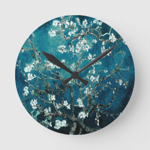 Vincent Van Gogh Almond Blossoms Dark Teal Round Clock