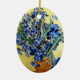 Vincent van Gogh, blue irises in yellow background Ceramic Tree Decoration