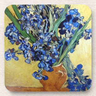 Vincent van Gogh, blue irises in yellow background Coaster