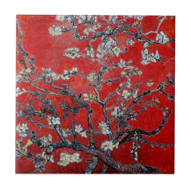 Vincent van Gogh Branches with Almond Blossom Red Ceramic Tile (Front)