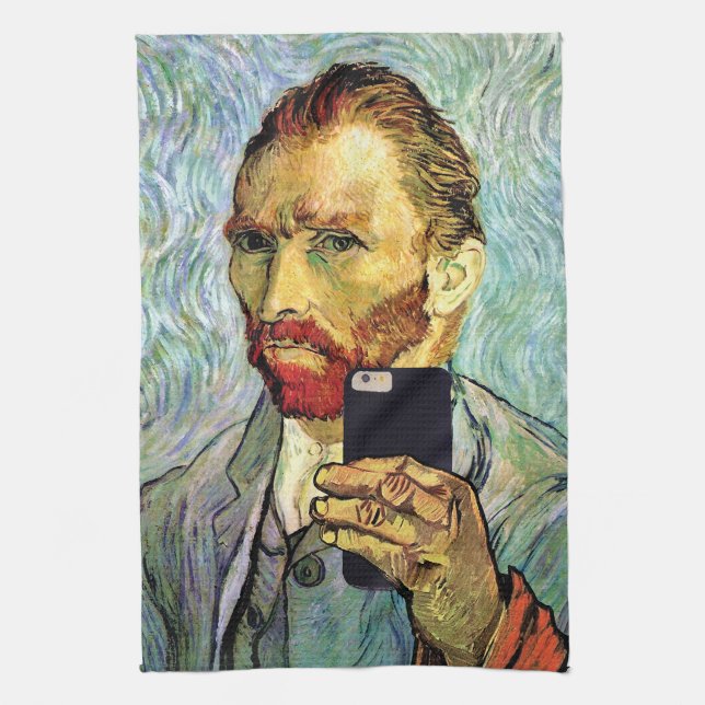 Vincent Van Gogh Cellphone Selfie Self Portrait Tea Towel (Vertical)