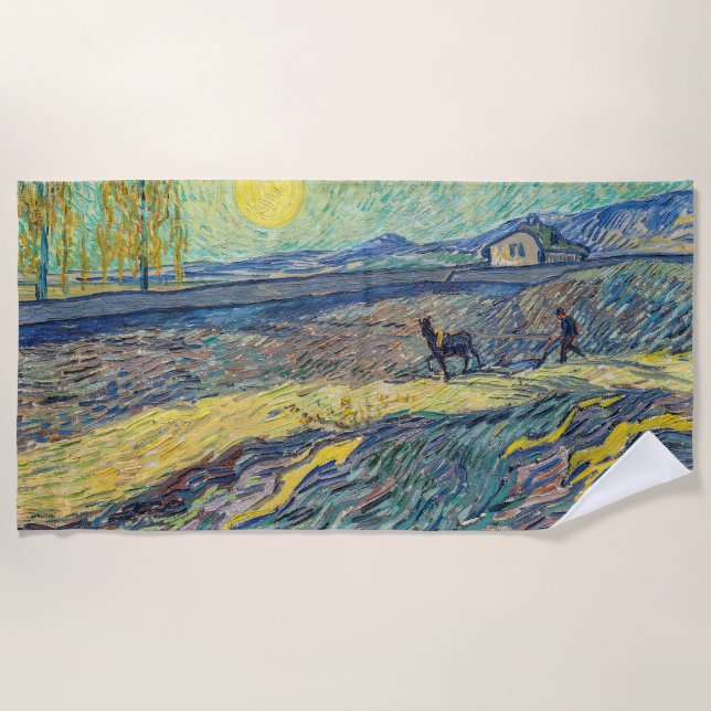 Vincent van Gogh - Field with ploughing farmers Beach Towel (Front)