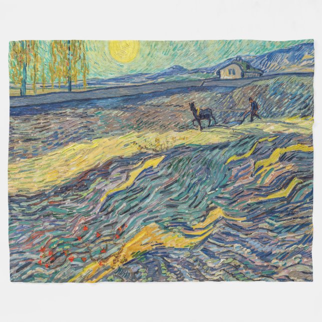Vincent van Gogh - Field with ploughing farmers Fleece Blanket (Front (Horizontal))