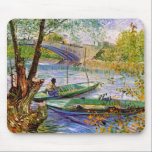 Vincent Van Gogh - Fishing In Spring Mouse Pad<br><div class="desc">Oil on canvas from 1887 shows a fisherman in a boat with trees and a second empty boat in the foreground and a concrete bridge and shoreline in the background. The setting of this work is the Seine River at the Pont de Clichy, near Asnières, where Van Gogh and Paul...</div>