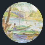 Vincent van Gogh Fishing in Spring, Pont de Clichy Classic Round Sticker<br><div class="desc">Fishing in Spring, Pont de Clichy (1887) by Vincent van Gogh is a vintage Post Impressionism fine art daily life painting. A fisherman fishing in a small boat on the Seine river in Paris, France. About the artist: Vincent Willem van Gogh was a Post-Impressionist painter whose work was most noteable...</div>