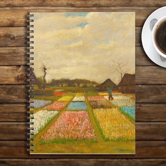 Vincent van Gogh Flower Beds in Holland Notebook (Van Gogh Flower Beds in Holland Notebook on Rustic Brown Wood Tabletop with Coffee)