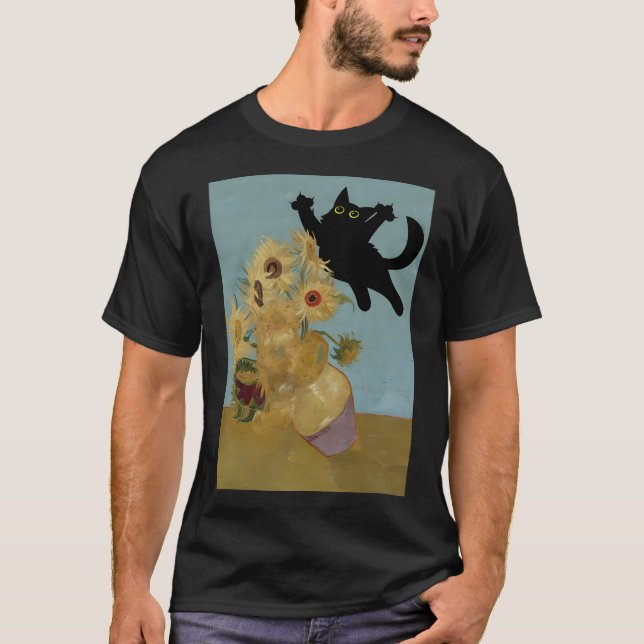Vincent Van Gogh Flowers Cat T-Shirt (Front)