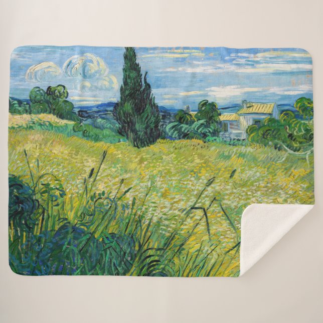 Vincent van Gogh - Green Wheat Field with Cypress Sherpa Blanket (Front (Horizontal))