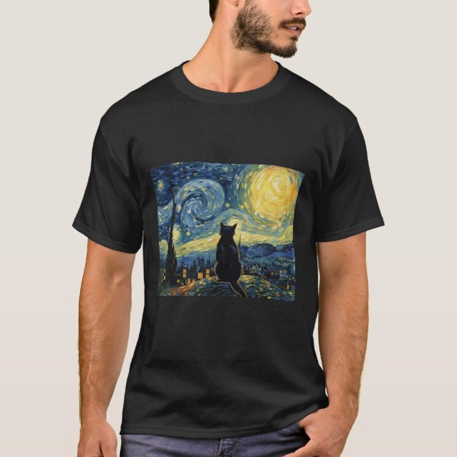 Vincent Van Gogh Inspired Starry Night Kitten Silh T-Shirt (Front)