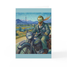 Vincent Van Gogh on a motorcycle Greeting