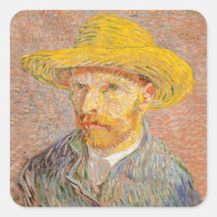 Vincent Van Gogh Self Portrait Straw Hat Square Sticker