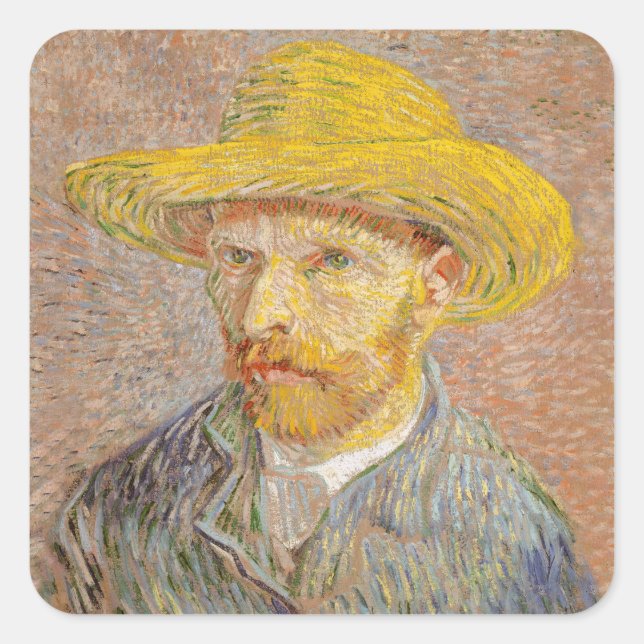 Vincent Van Gogh Self Portrait Straw Hat Square Sticker (Front)
