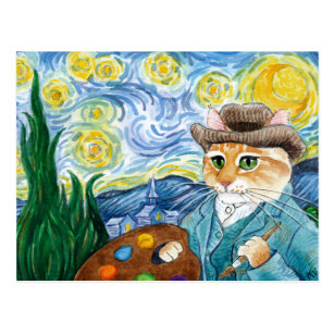 Vincent Van Gogh Starry Night cat postcard