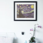 Vincent van Gogh - Starry Night Poster<br><div class="desc">Starry Night (1889) by Vincent van Gogh is a vintage post impressionism fine art landscape nature painting. A view of a city in a valley at night with the clouds swirling, the stars shining and a beautiful golden yellow crescent moon. It was painted during the day from memory and is...</div>