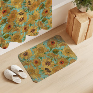 Vincent Van Gogh Sunflowers Aqua Blue Yellow Bath Mat